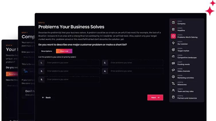 Business plan tool interface preview